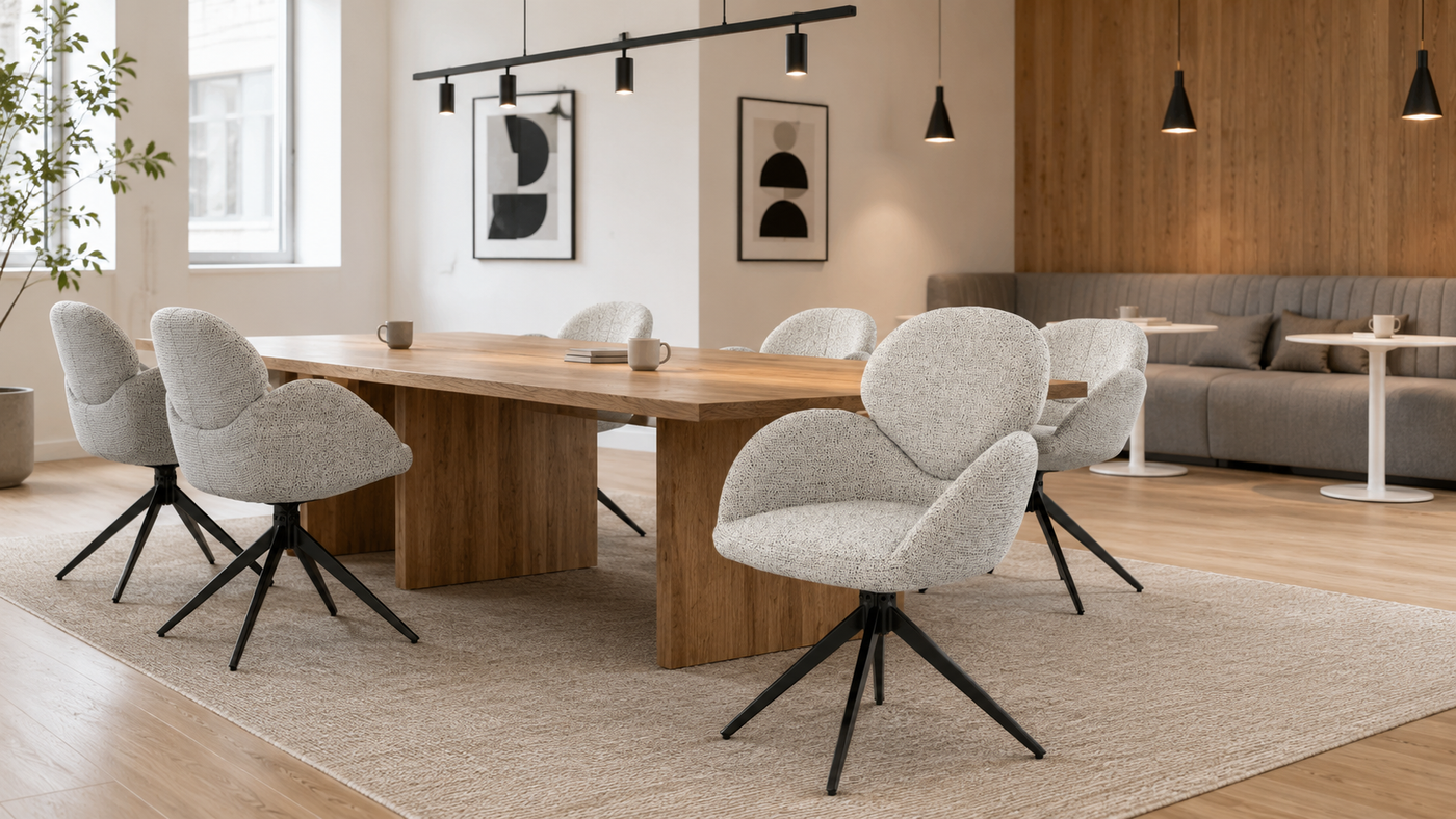 Pebble grey mélange woven swivel armchairs arranged around rectangular oak dining table in open-plan meeting and dining interior — DC-5029