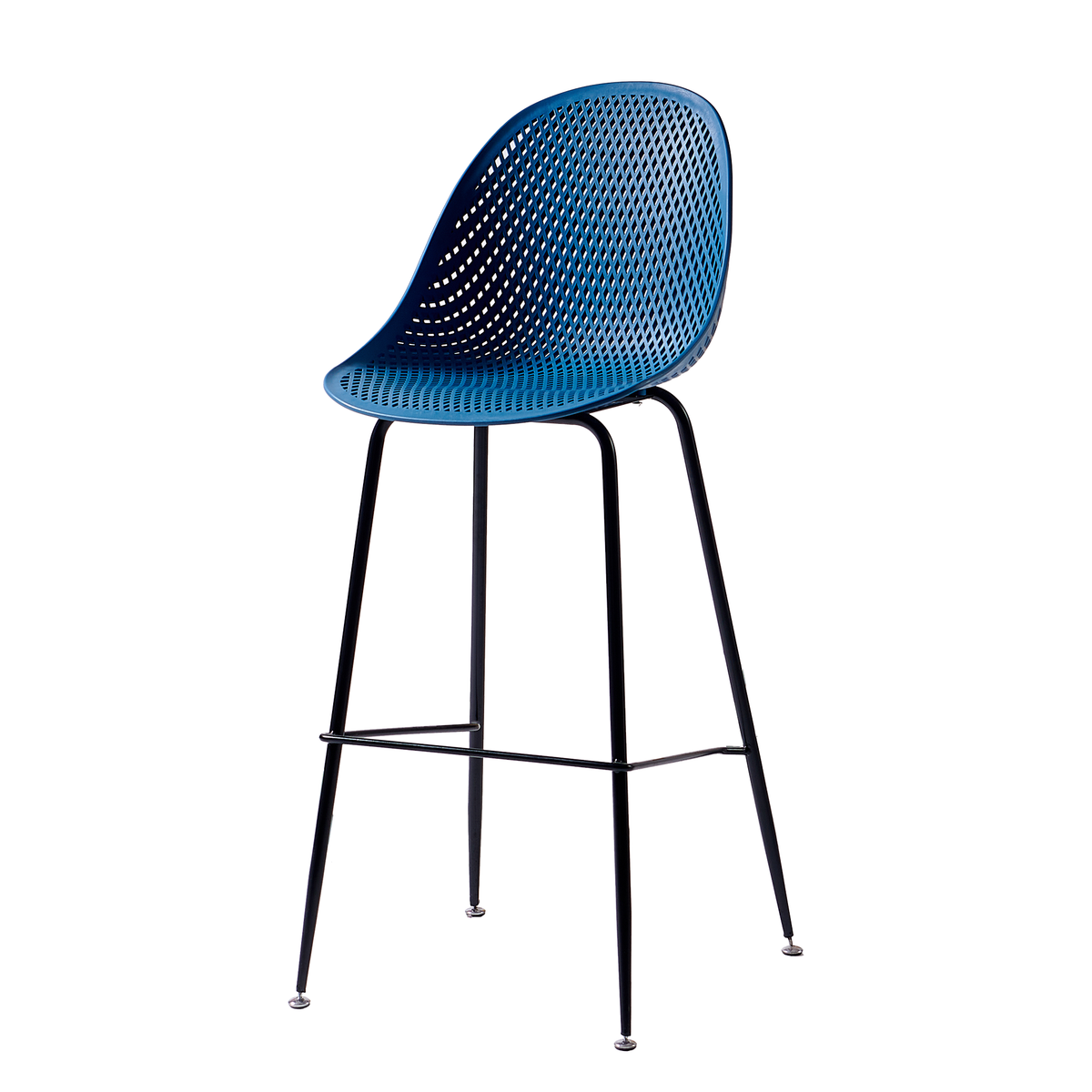 Perforated polypropylene bar stool in deep blue with black steel legs and integrated footrest, GEYA Seating PC-76