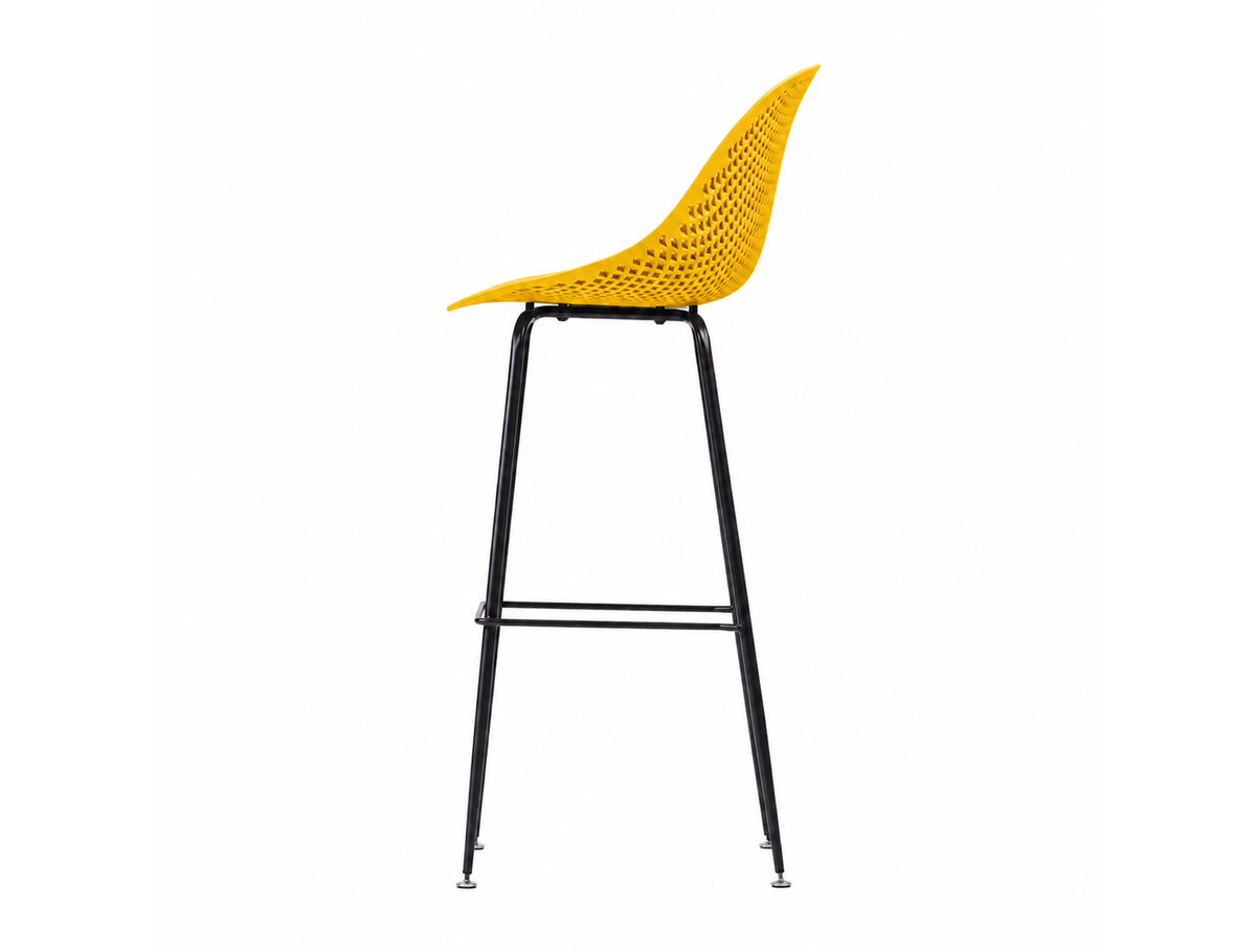 Perforated polypropylene bar stool in mustard yellow, side profile showing curved shell silhouette and slender tapered black steel legs, PC-76