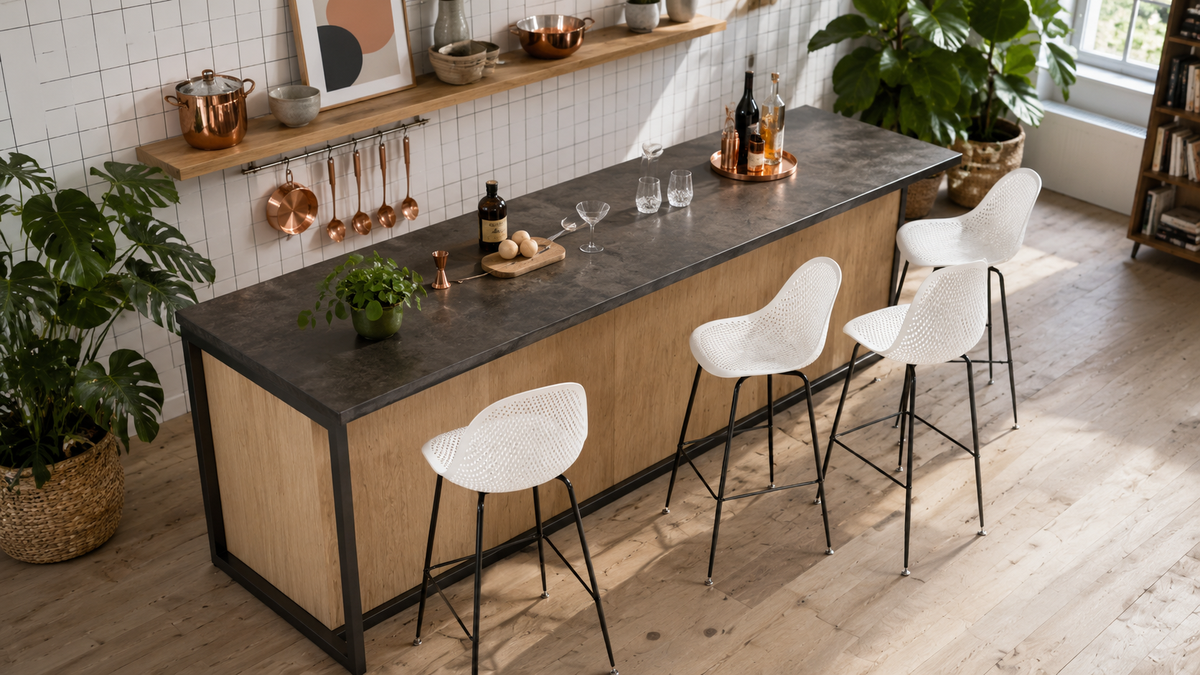 Perforated polypropylene bar stools in white at a home bar counter with slate worktop and copper kitchen accessories, residential interior, PC-76