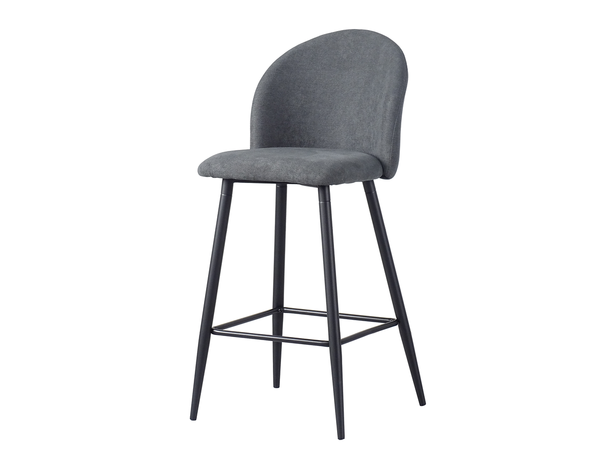 Three-quarter perspective of curved bar stool in Charcoal Grey showing splayed