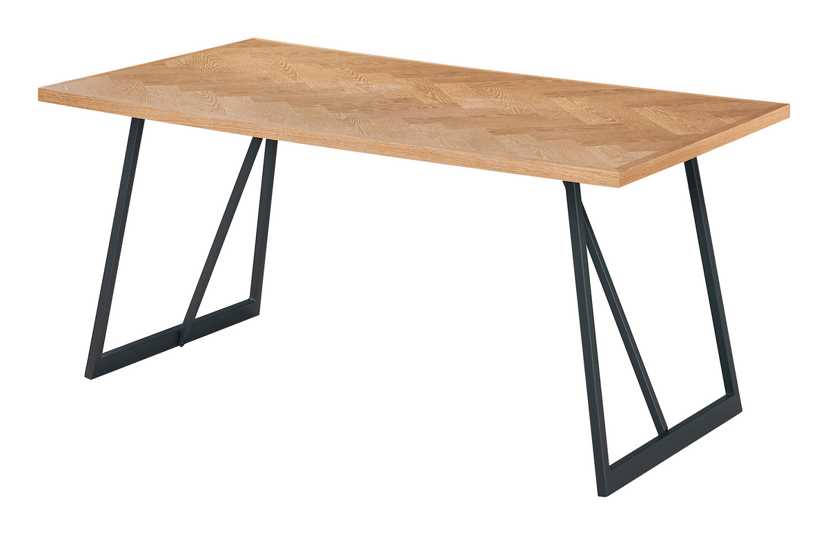 Herringbone oak veneer dining table with a 35 mm top and angled steel frame in perspective, T-103