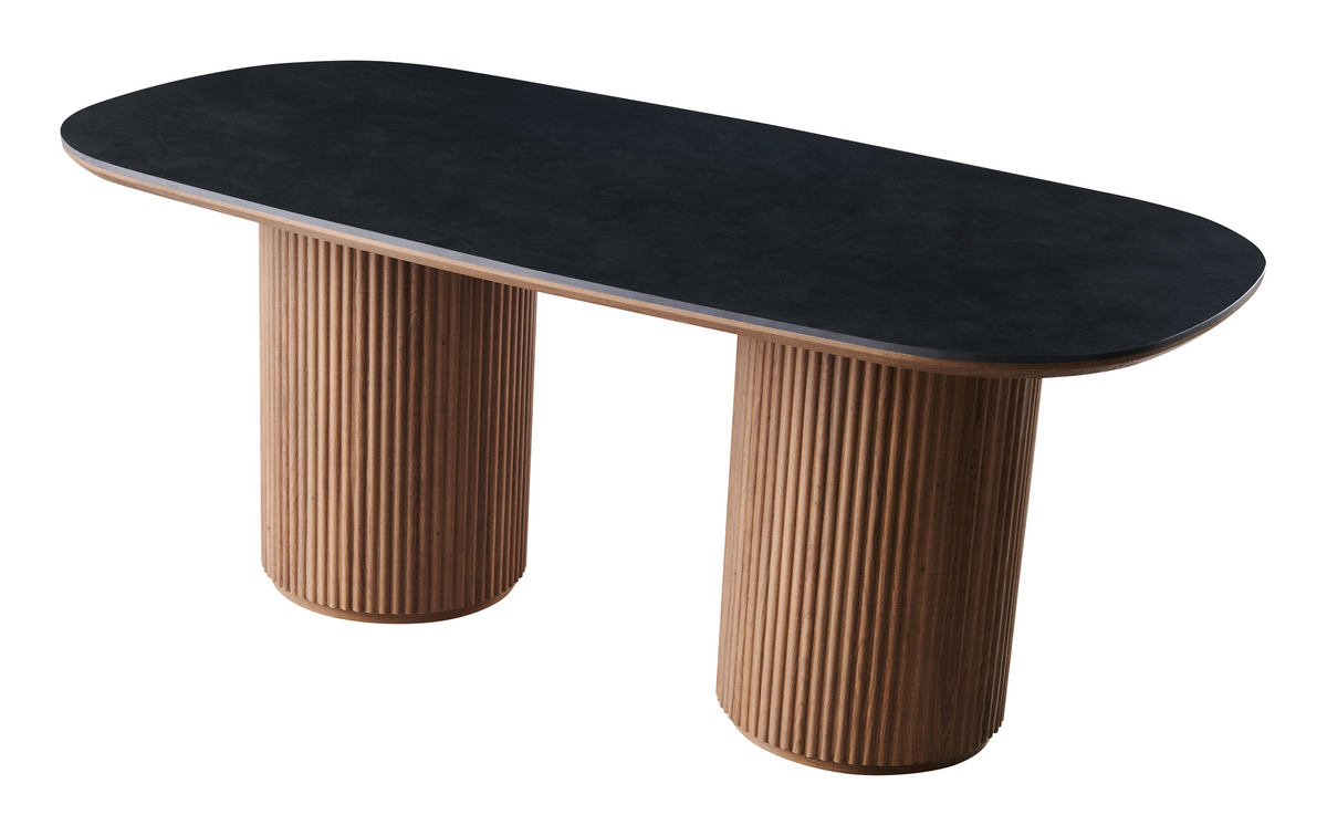 Sintered stone dining table with racetrack top and twin fluted pedestals in perspective view, T-136