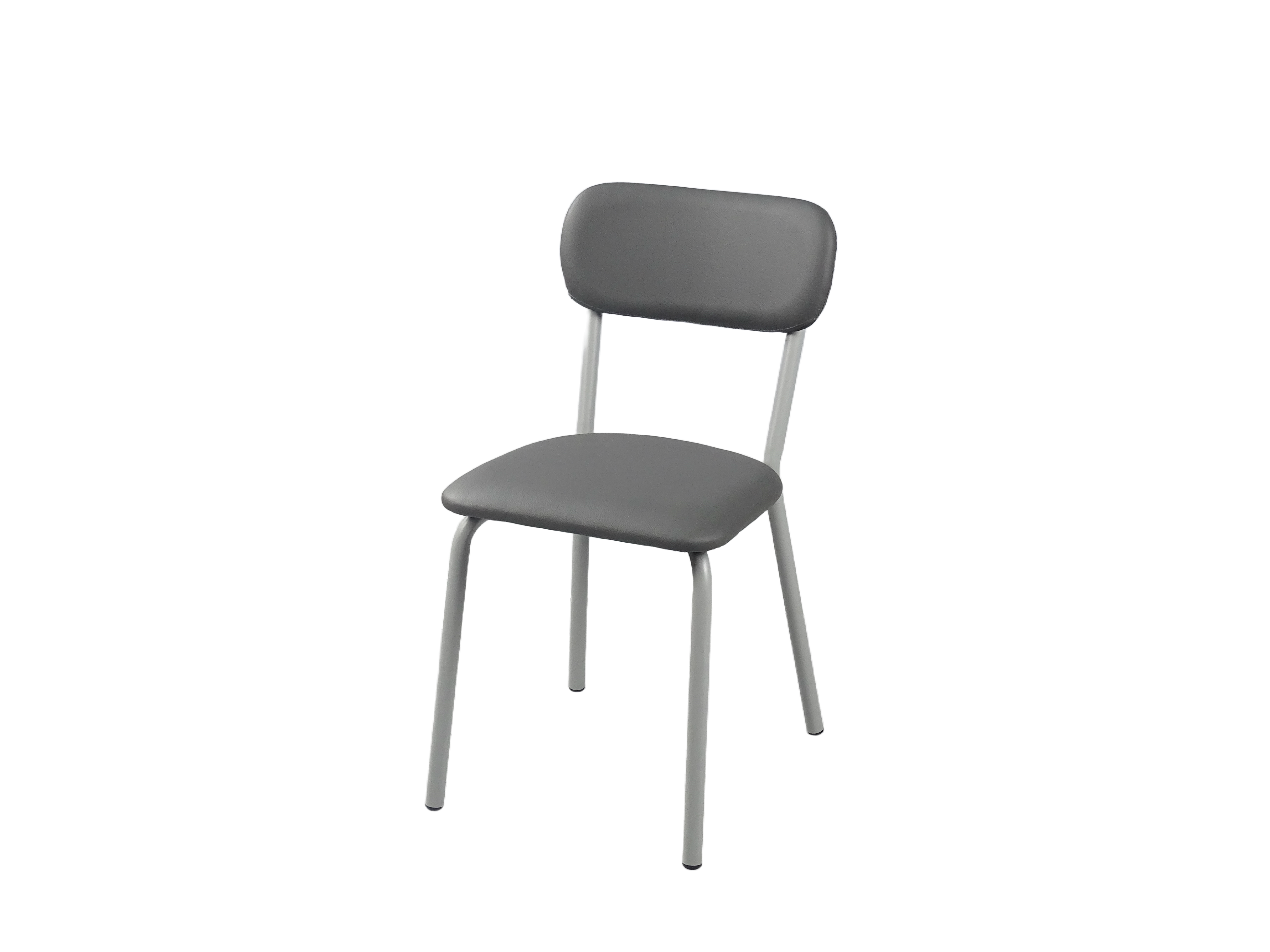 Pillow back PU leather dining chair with grey upholstered seat and slim metal frame