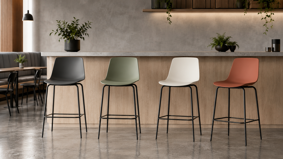 Selected polypropylene bar and counter stools for indoor commercial seating programs.