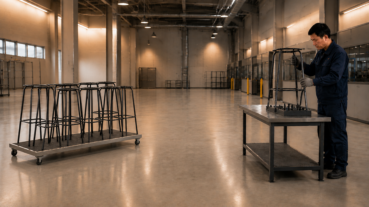 GEYA technician inspecting tall metal frames and base structures for polypropylene bar stool programs in a modern furniture workshop.