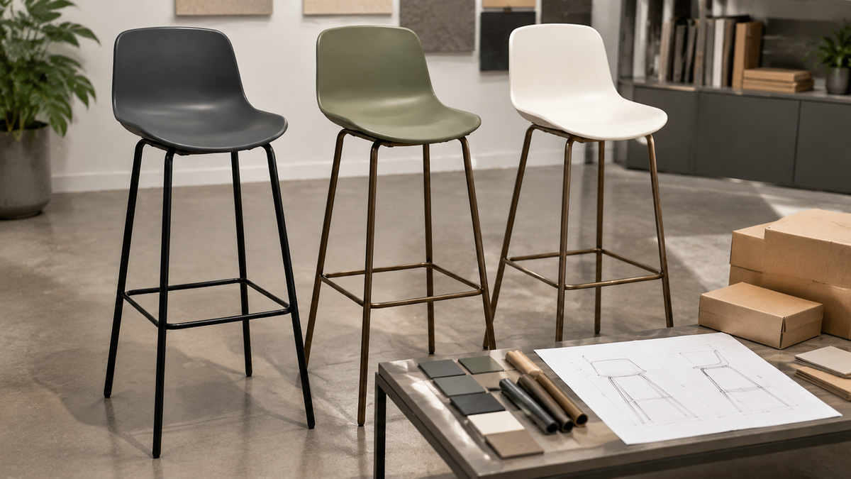 Polypropylene bar stool samples with metal frame finishes, packaging mockups and specification materials for GEYA OEM and ODM programs.