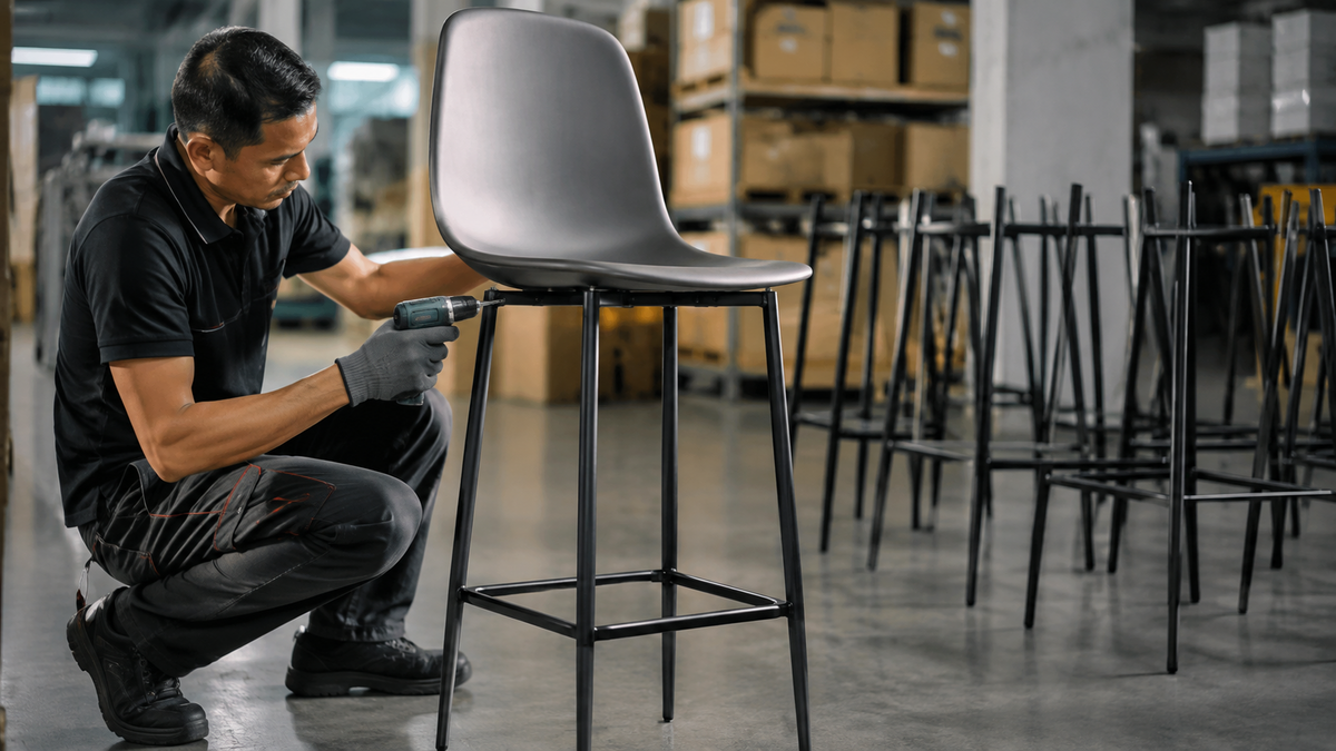 GEYA technician assembling a polypropylene bar stool shell onto a tall metal frame with an integrated footrest.