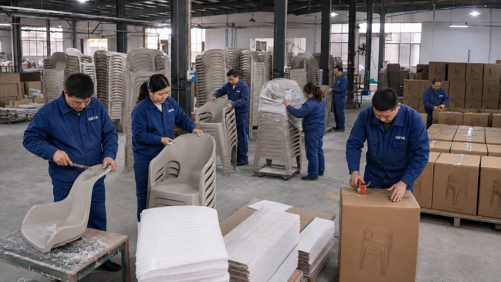 GEYA workers finishing stacking and packing polypropylene chairs for wholesale orders