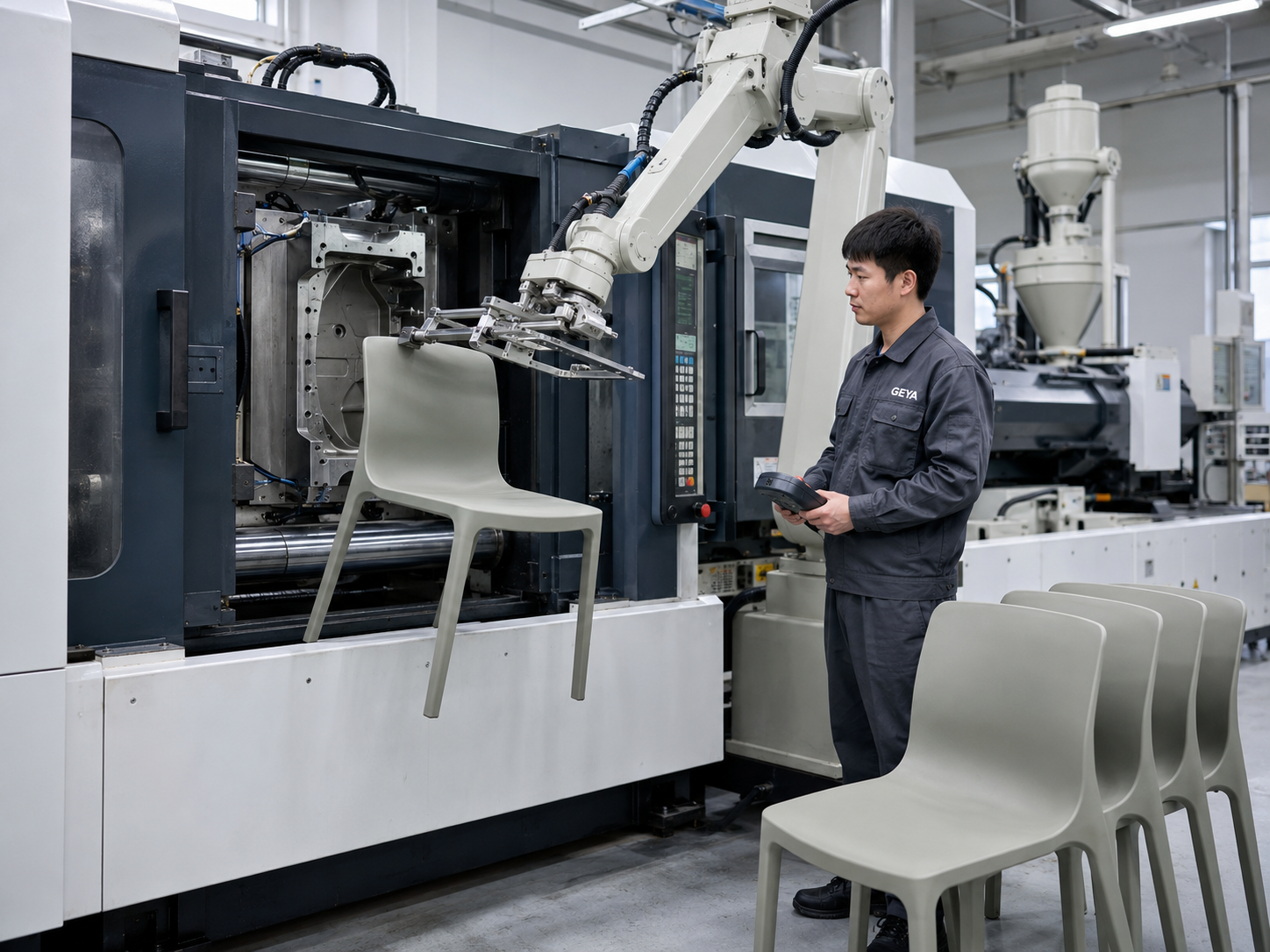 Robotic handling of a polypropylene chair after injection moulding with a GEYA technician