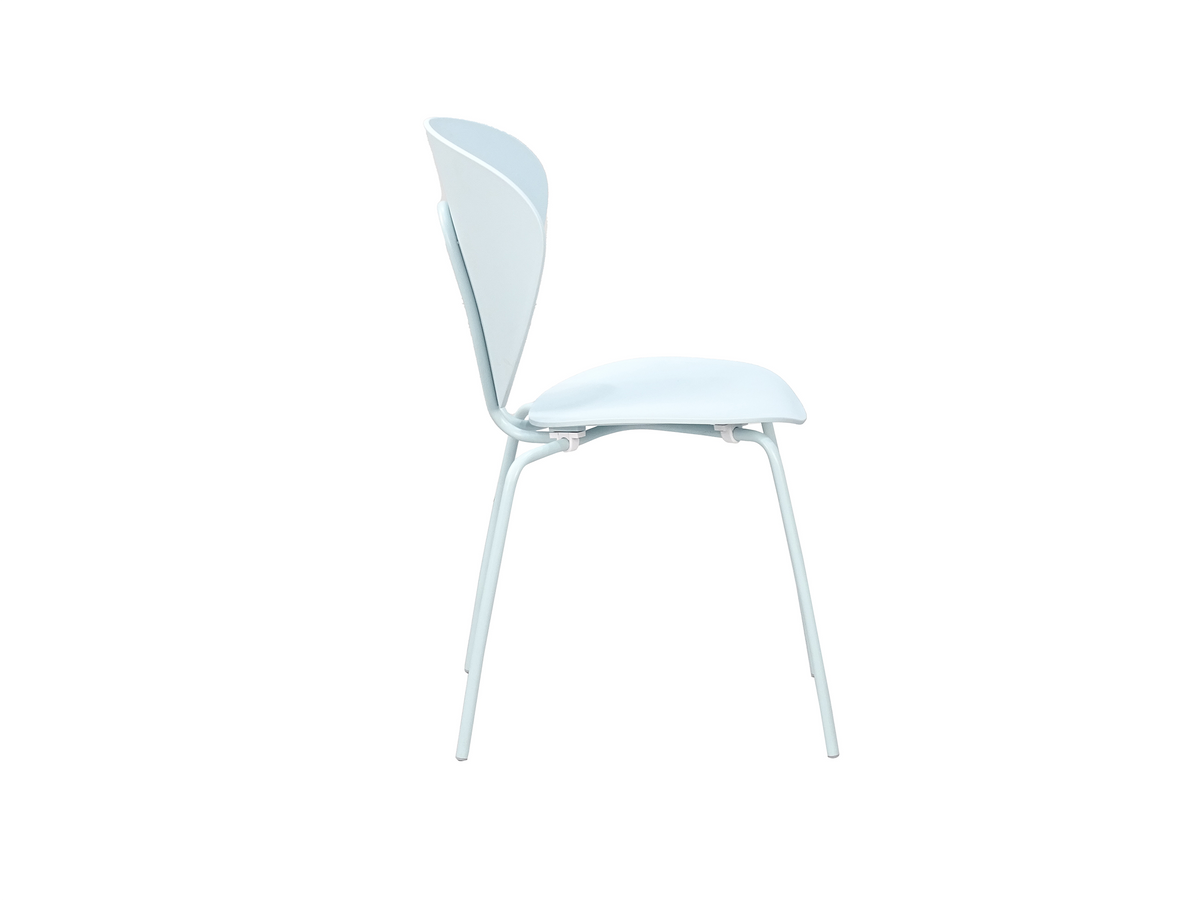Side profile of cut-out back polypropylene side chair in pale mint showing slender tubular steel legs and contoured PP seat, PC-96