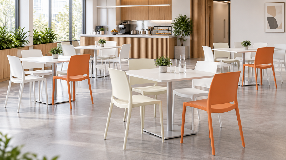 Solid-back polypropylene side chairs in orange and ivory for corporate canteen dining tables PC-100
