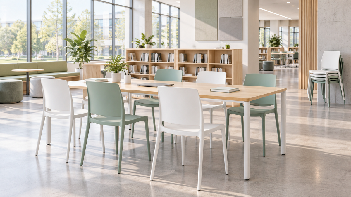 Solid-back polypropylene side chairs in sage green and white for educational commons study areas PC-100