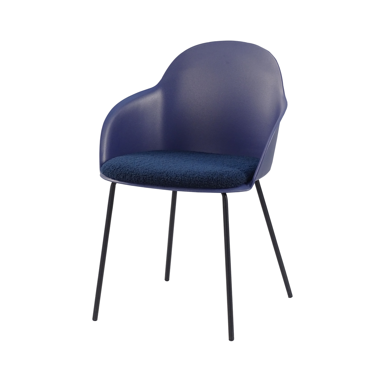 Navy blue shell-back polypropylene armchair with tonal bouclé seat pad and slender black steel legs PC-16