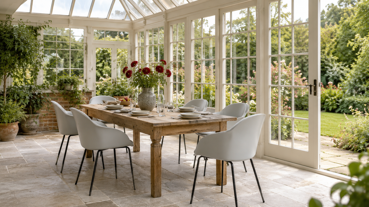 Warm white shell-back polypropylene dining armchairs around a rustic wood table in a glass conservatory dining room PC-16