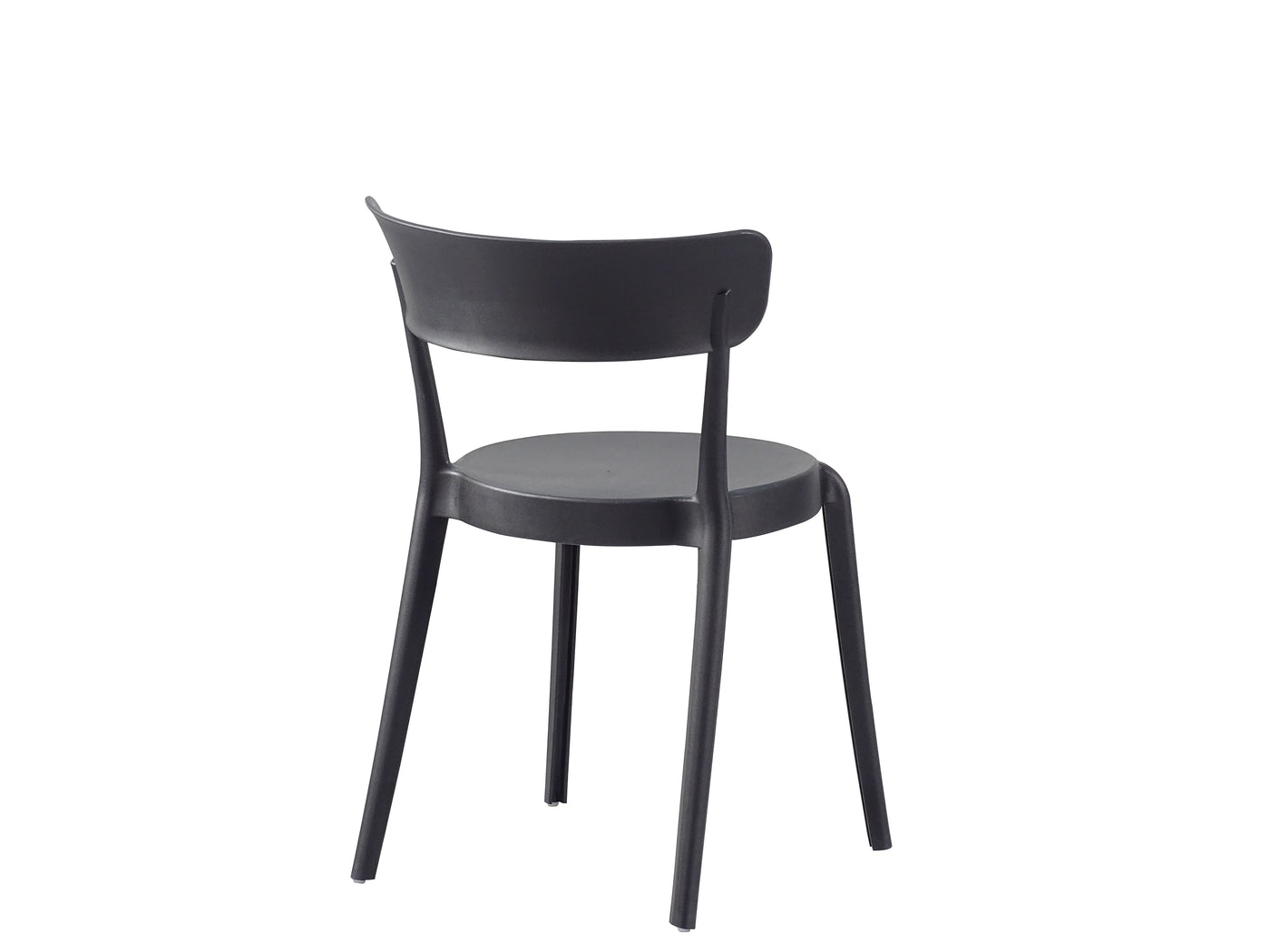 Stackable polypropylene café side chair rear view showing open curved backrest construction and four-leg base in matte black finish.
