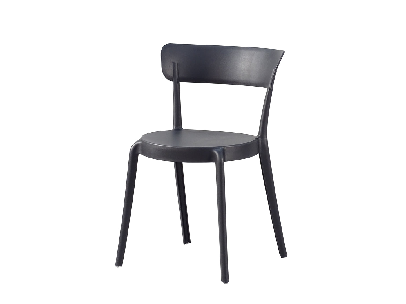 Stackable polypropylene café side chair three-quarter view showing full curved back form and matte black four-leg stackable base — PC-72.