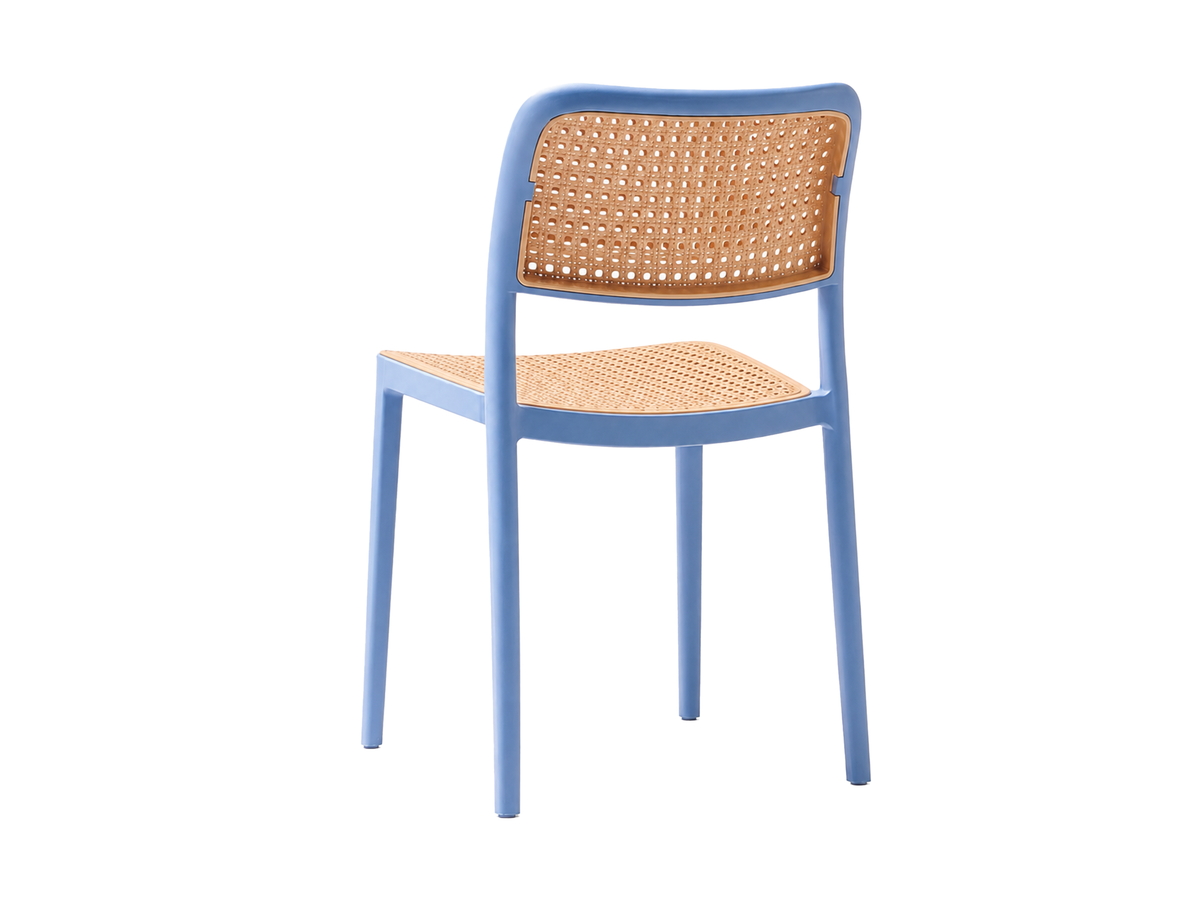 Rear view of polypropylene side chair in cornflower blue showing open lower back and woven-pattern back panel reverse PC-23