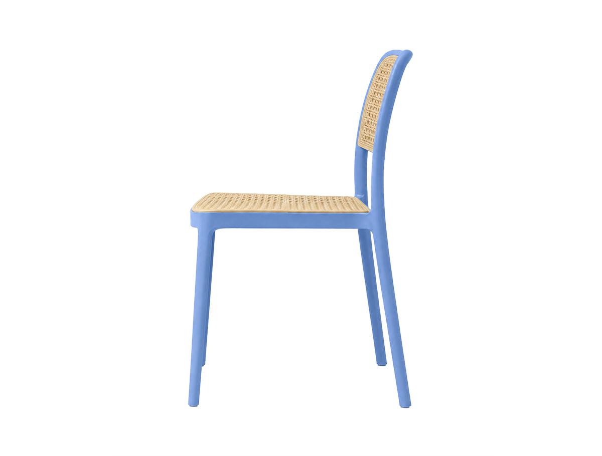 Side profile of rattan-look PP side chair in cornflower blue showing slender leg taper and seat-to-back open section PC-23