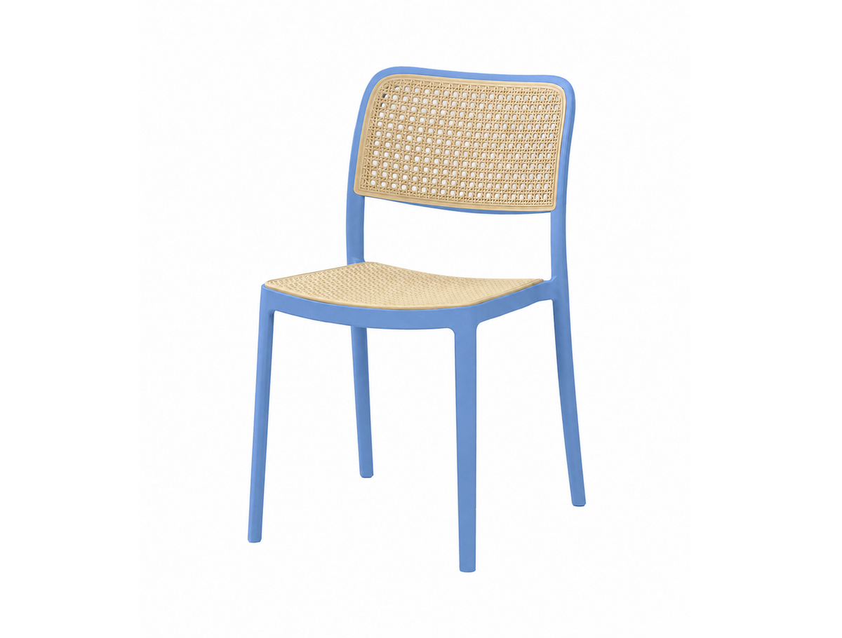 Three-quarter front view of rattan-look polypropylene side chair in cornflower blue with Vienna cane-pattern back panel, GEYA Seating PC-23