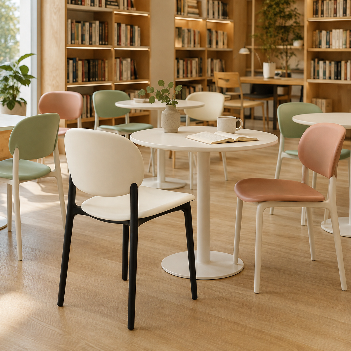 PP side chairs in Ivory, Sage green and Blush pink around café tables in a library reading area PC-103 