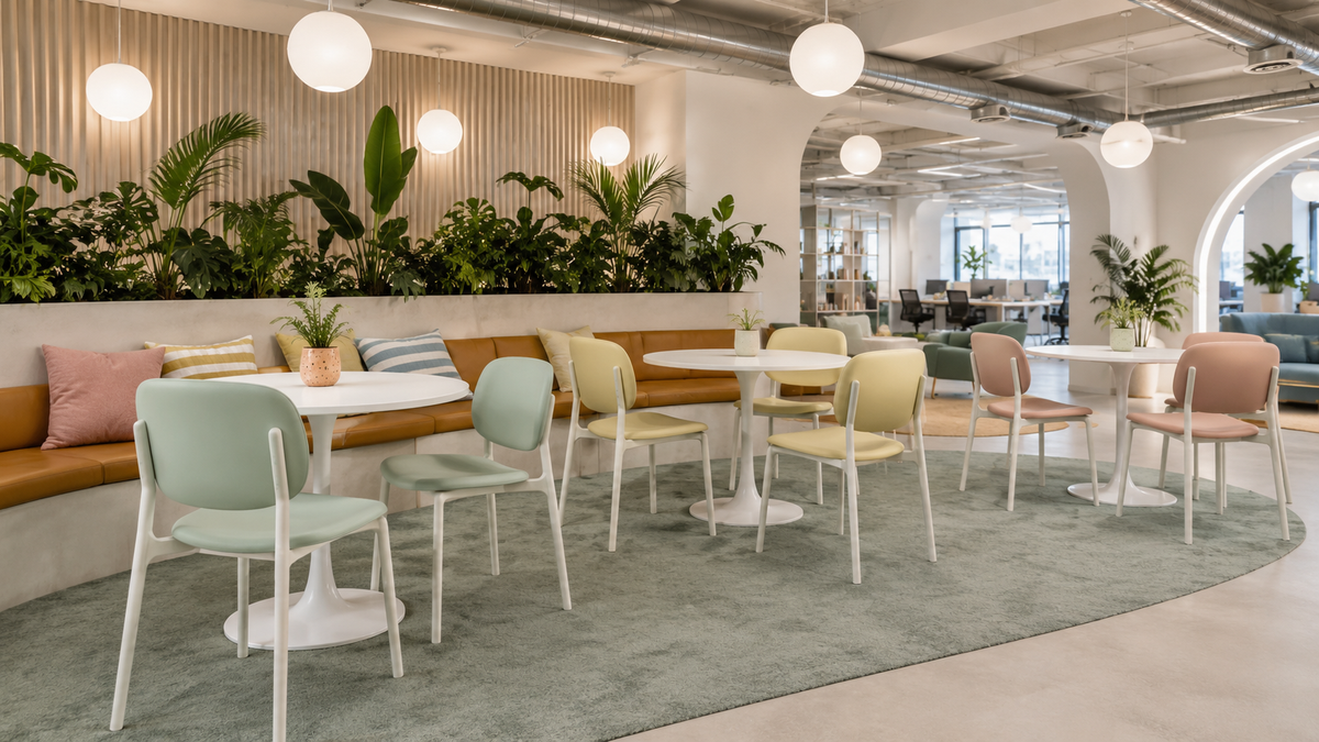 PP side chairs in Sage green, Soft yellow and Blush pink on white frames in a co-working breakout space PC-103