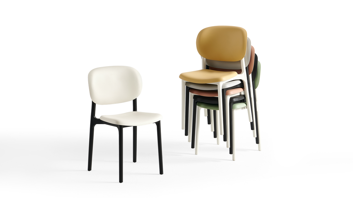PP side chairs stacked five high in Ivory, Soft yellow, Terracotta and Sage green PC-103