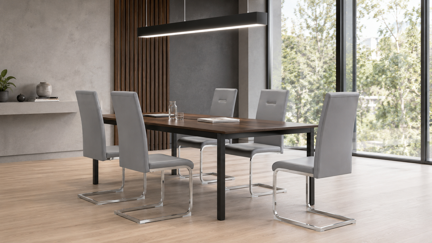 PU cantilever meeting chairs in small meeting room with dark walnut table, floor-to-ceiling glazing and vertical panel wall, Silver Grey, DC-3037