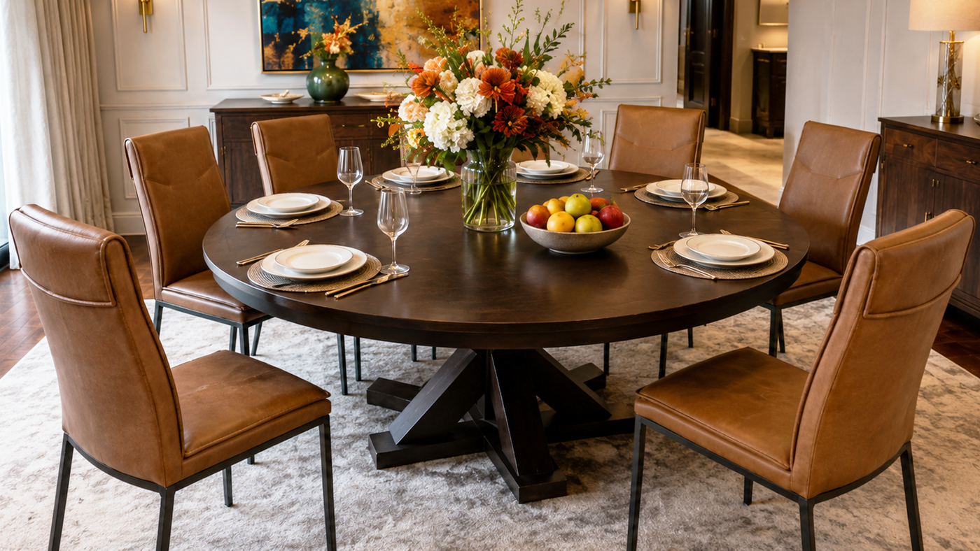 Upholstered high-back armless PU dining chairs arranged for apartment dining and round-table settings, DC-1552