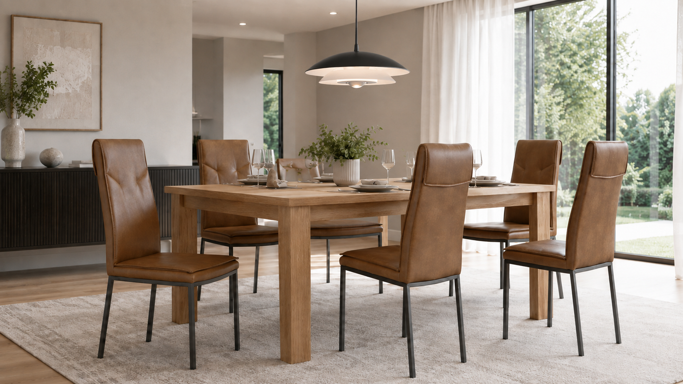 Upholstered high-back armless PU dining chairs in Cognac arranged around a light oak table in a formal residential dining room, DC-1552