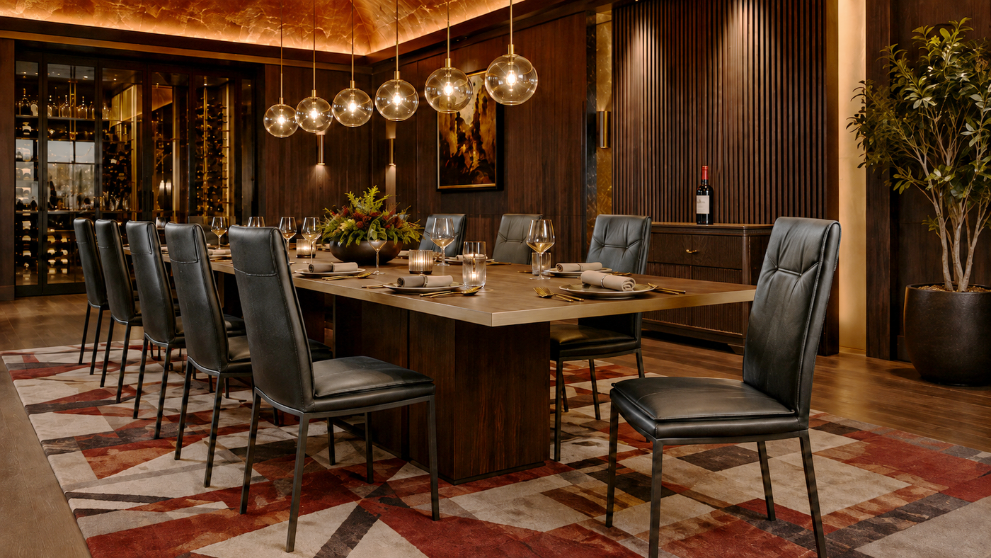 Upholstered high-back armless PU dining chairs in Graphite Black arranged along an extended table in a richly finished private dining room, DC-1552