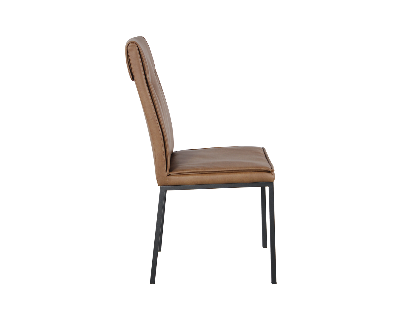 High-back armless PU dining chair side view showing tall backrest profile and 495 mm seat height on black steel frame, DC-1552