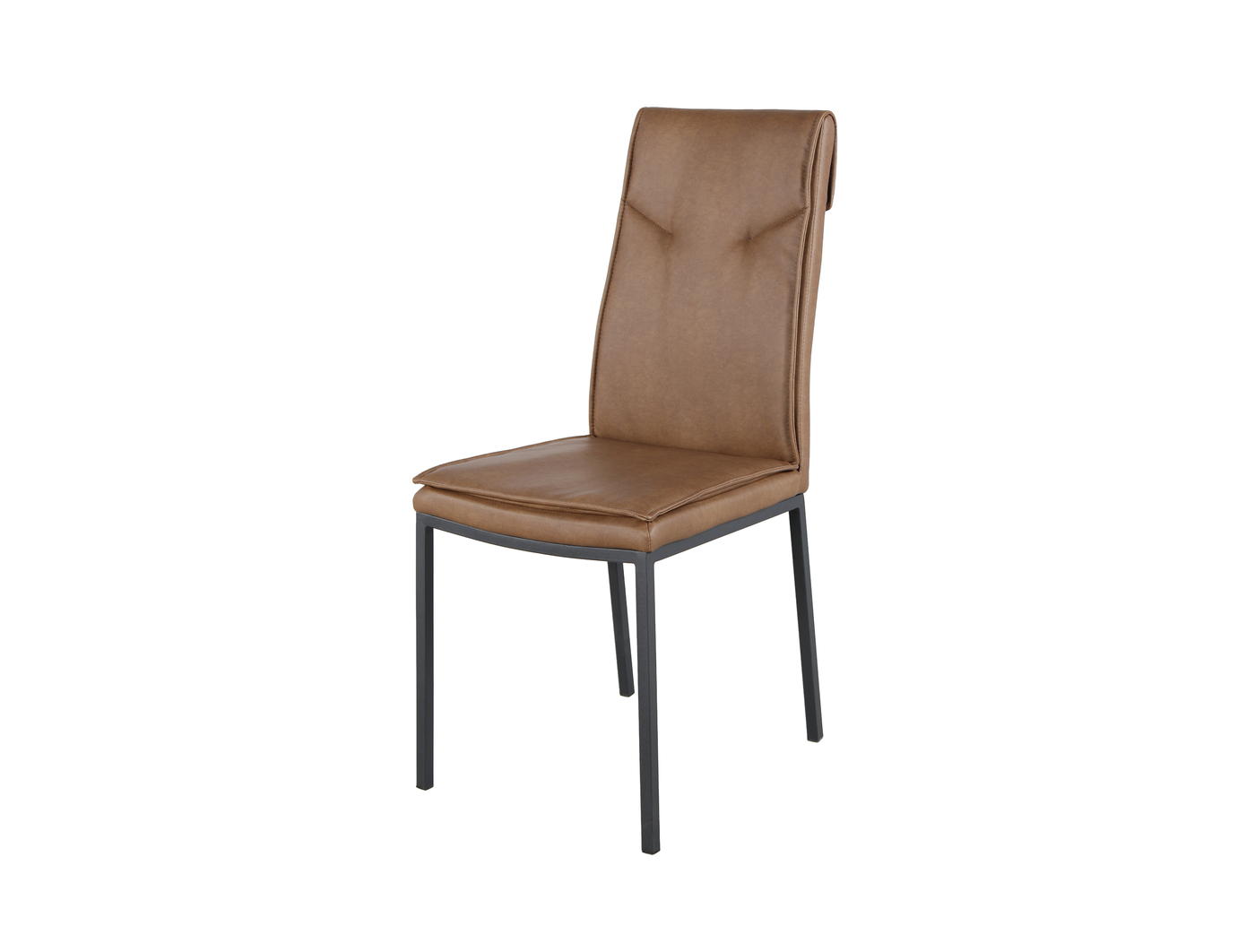 Upholstered high-back armless dining chair three-quarter view with black square-tube four-leg steel base, DC-1552