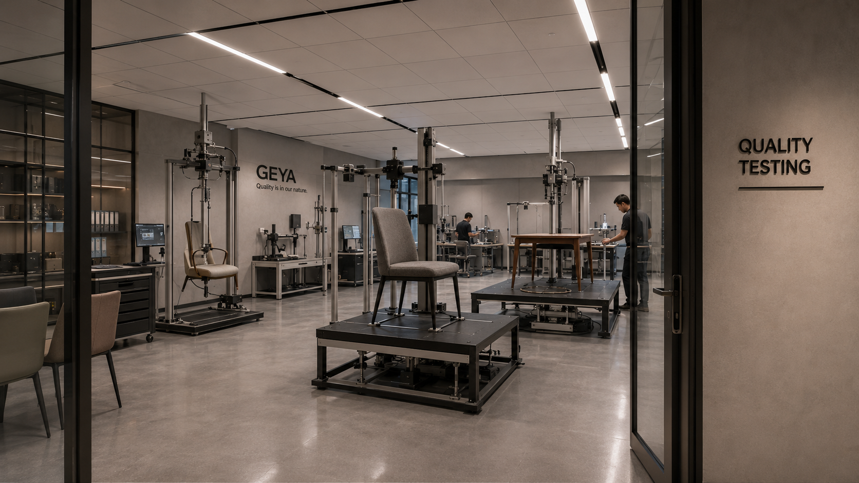 Planning rendering of a future quality testing lab for selected GEYA seating and table programs.