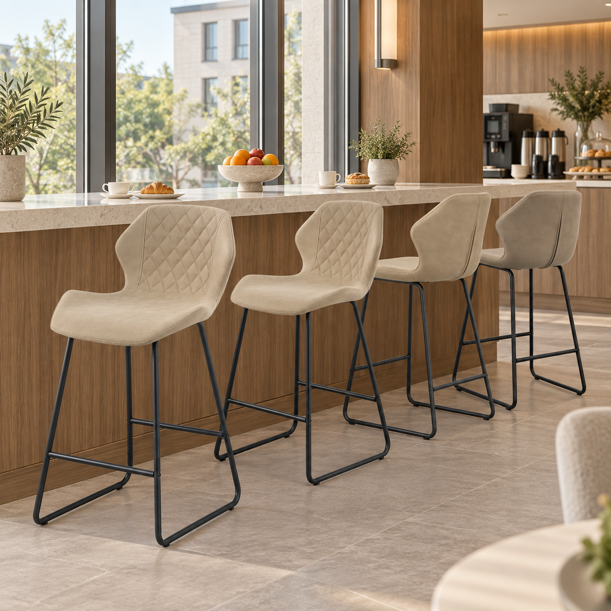 Diamond-quilted bar stools in Linen showing front stitchwork at a hotel breakfast counter BC-05-750