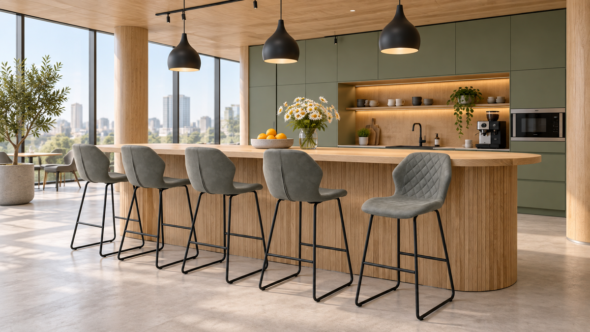 Diamond-quilted bar stools in Graphite Grey arranged along a curved commercial hospitality island counter BC-05-750