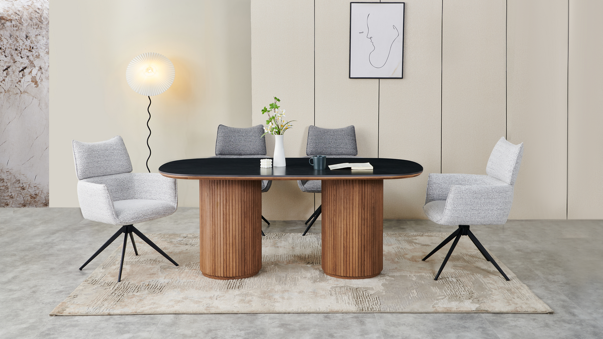 Racetrack sintered stone dining table in an open-plan contemporary apartment interior, T-136