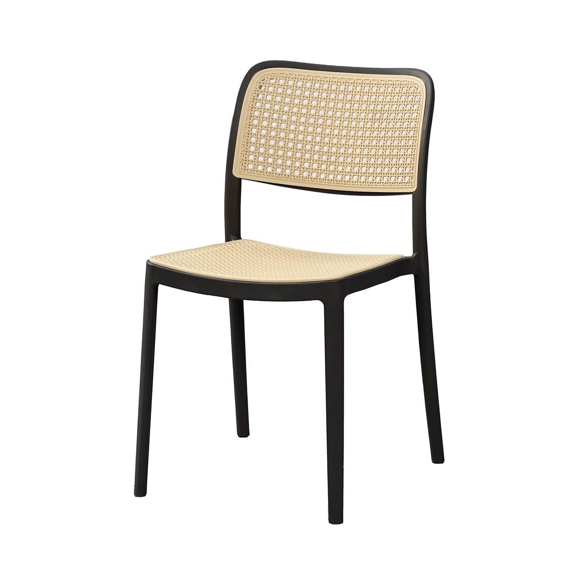 Rattan-look polypropylene side chair with Vienna cane-pattern seat and back panel in matte black PP frame, GEYA Seating PC-23