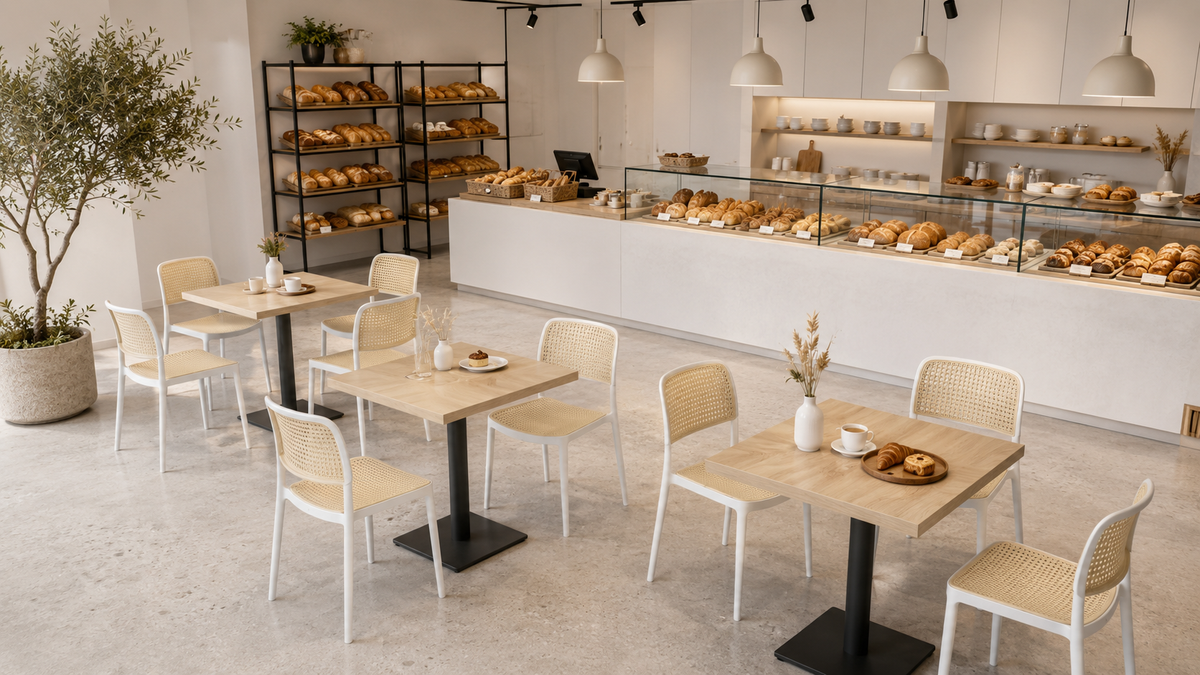 White rattan-look polypropylene side chairs arranged across multiple tables in a bright bakery café with terrazzo floor and wood tabletops PC-23