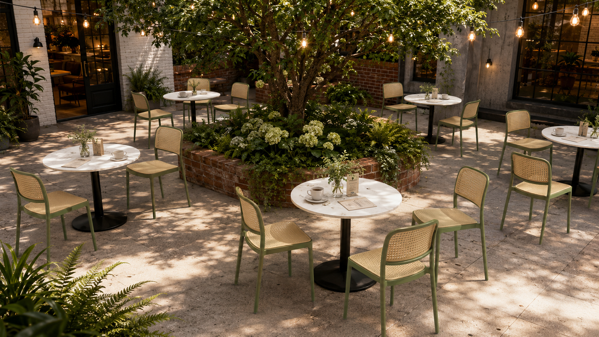 Olive rattan-look polypropylene side chairs around marble bistro tables in a covered garden courtyard with string lights and planted surrounds PC-23
