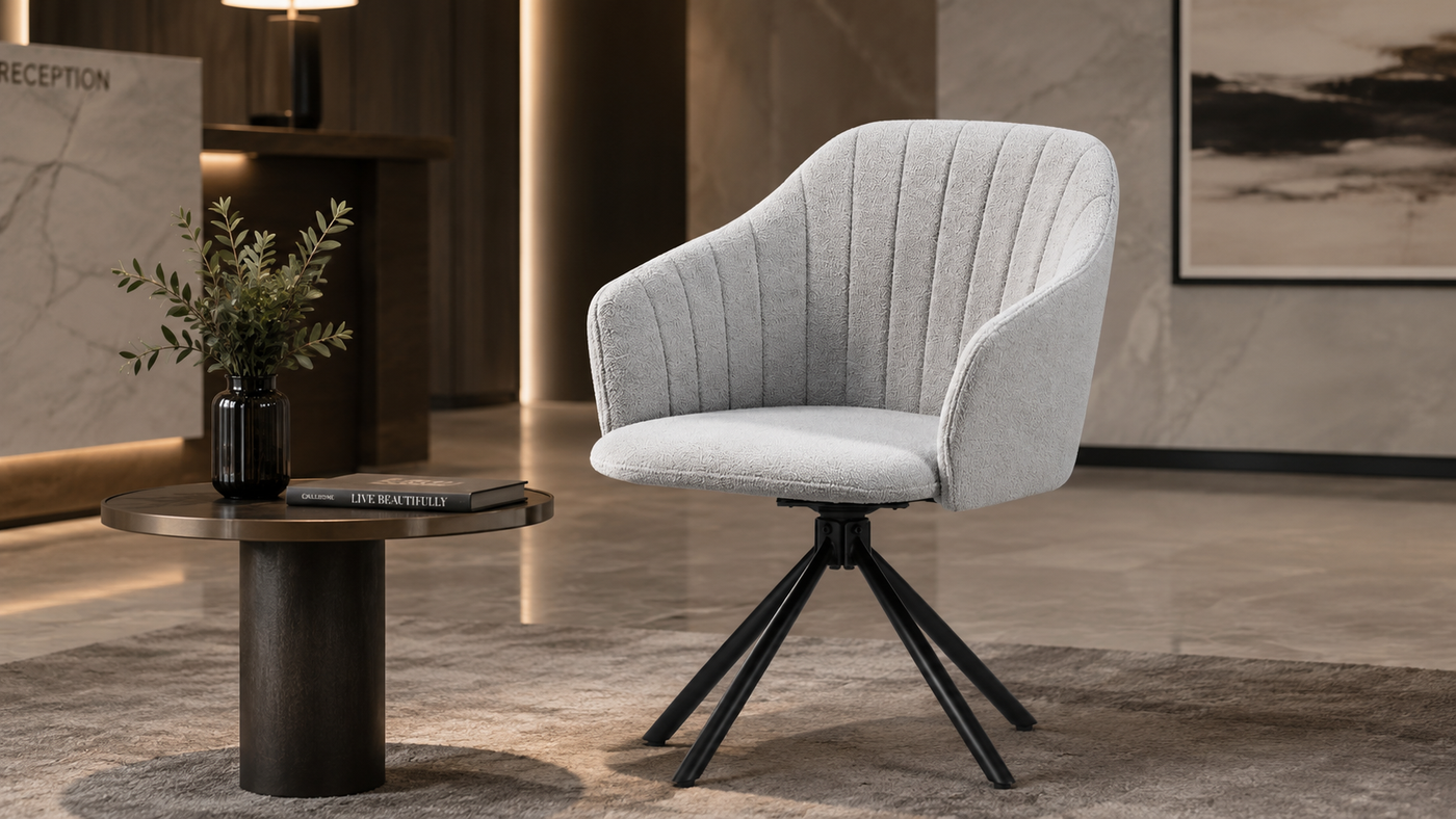 A soft light grey mélange woven channel-tufted swivel armchair in a hotel reception waiting area, clean minimal background, warm ambient lighting, luxury commercial interior, professional furniture photography