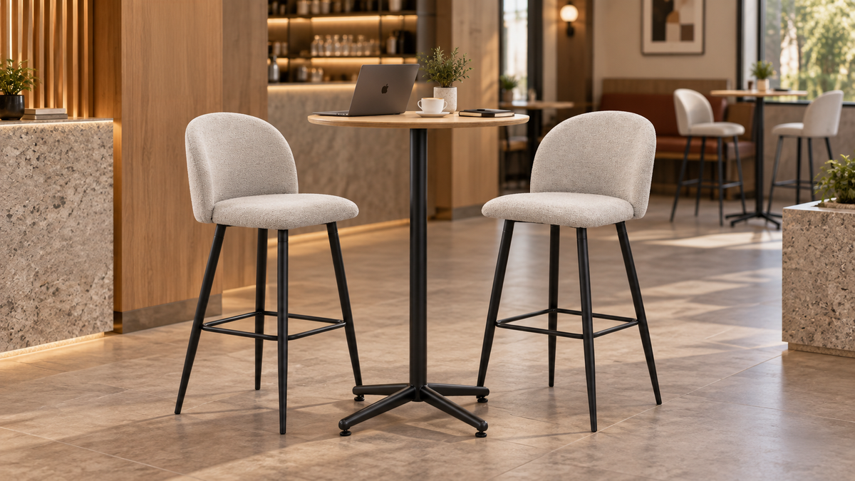 Curved-back bar stools in Light Grey positioned at a round restaurant high table BC-50-750