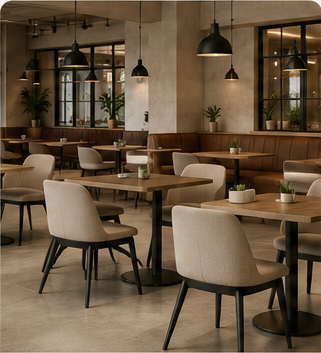 Restaurant and cafe seating application for high-frequency commercial interiors.