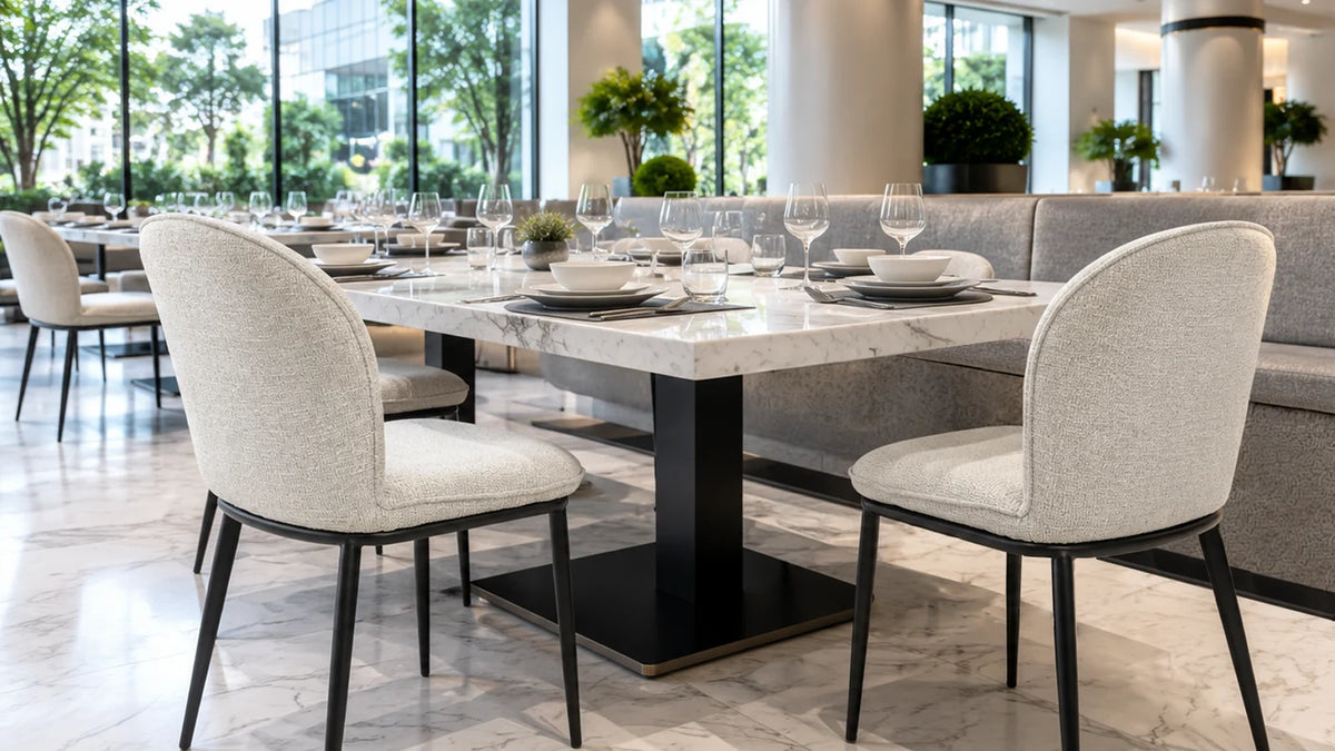 Upholstered metal-frame dining chairs around marble tables in a contemporary restaurant dining room