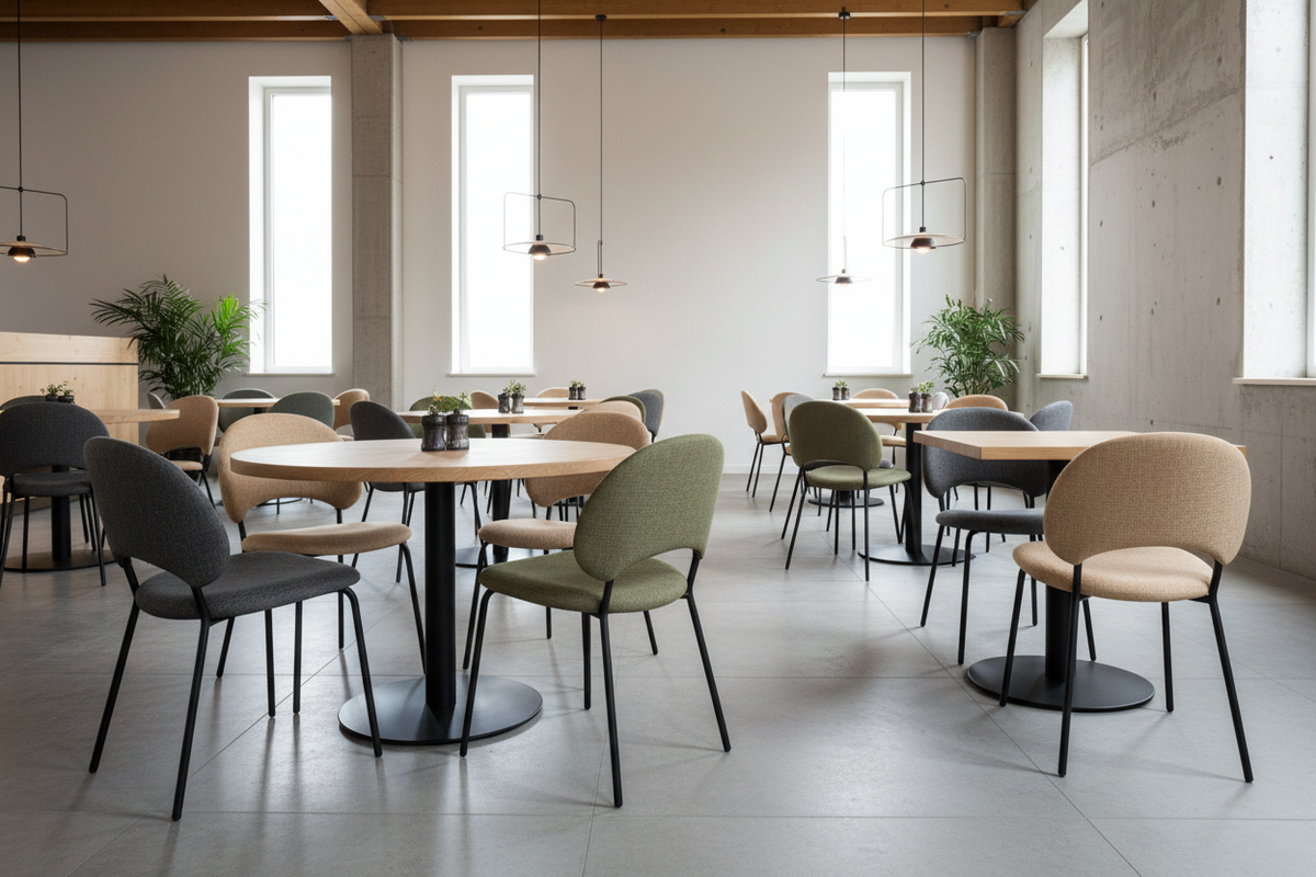 Upholstered restaurant dining chairs with metal legs in a modern commercial dining interior