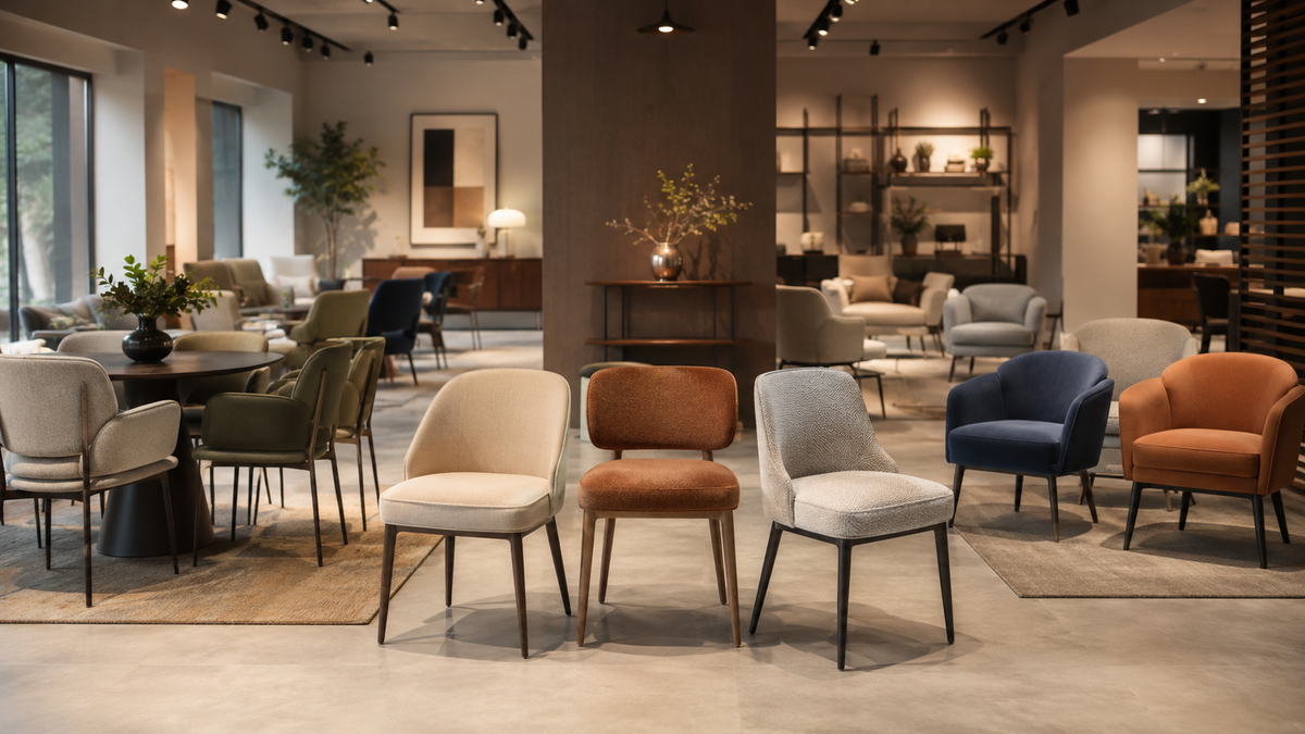 Coordinated dining, lounge and accent chair collection displayed in a contemporary furniture retail showroom