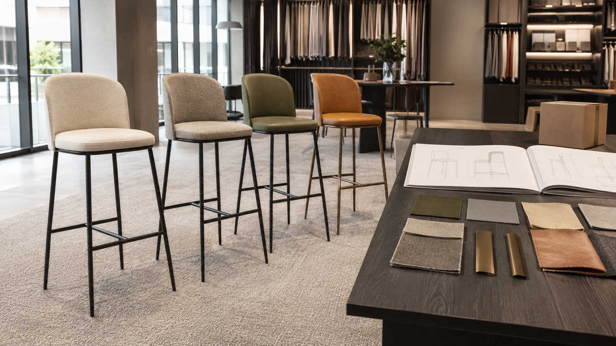 Commercial bar stool samples with coordinated upholstery and metal frame finishes for retail and project supply programs.