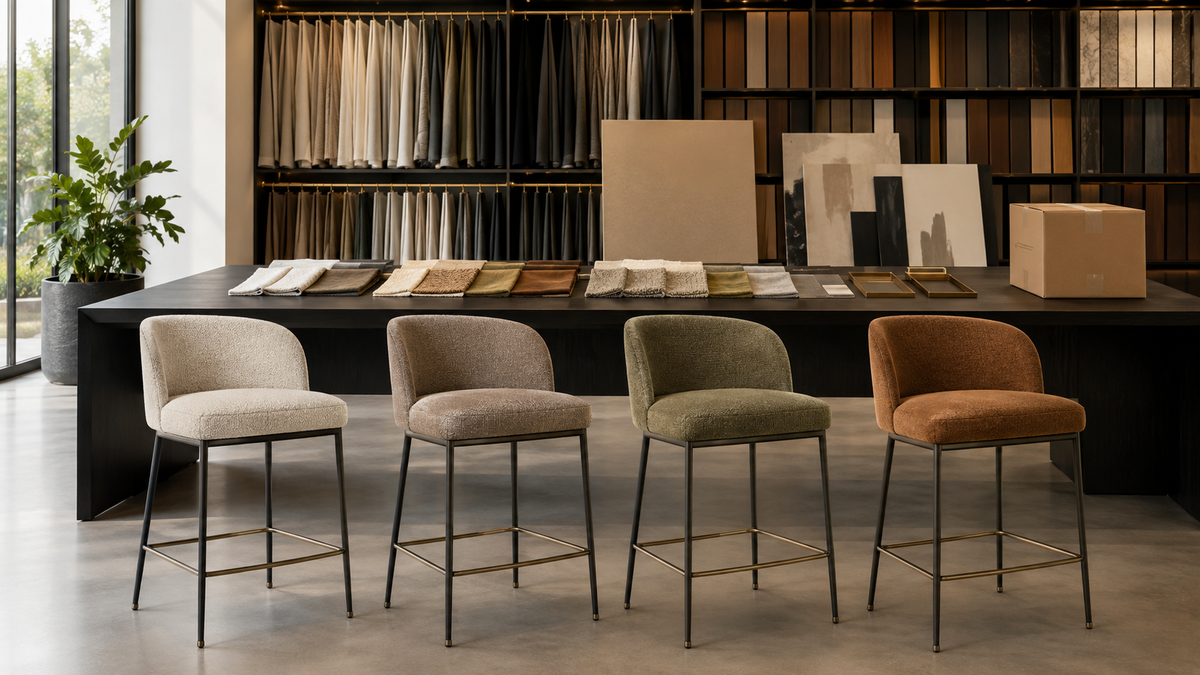 Upholstered counter stool samples with coordinated fabrics and metal-frame finishes for retail and contract supply programs.