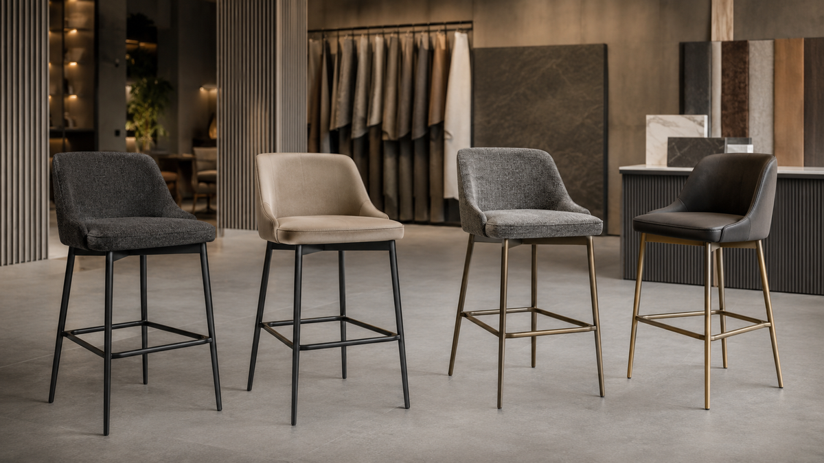 Coordinated upholstered stool collection for retail and commercial contract furniture programs.