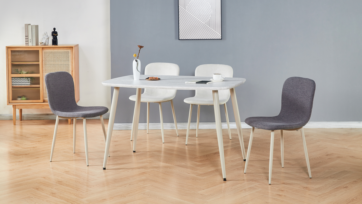 Reverse-bevel dining table paired with four upholstered chairs on parquet wood flooring, T-173